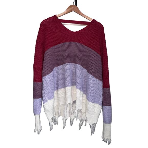 Rue21 Multicolor Striped Distressed Knit Sweater XL Fringe Hem Boho Cozy - Picture 1 of 6